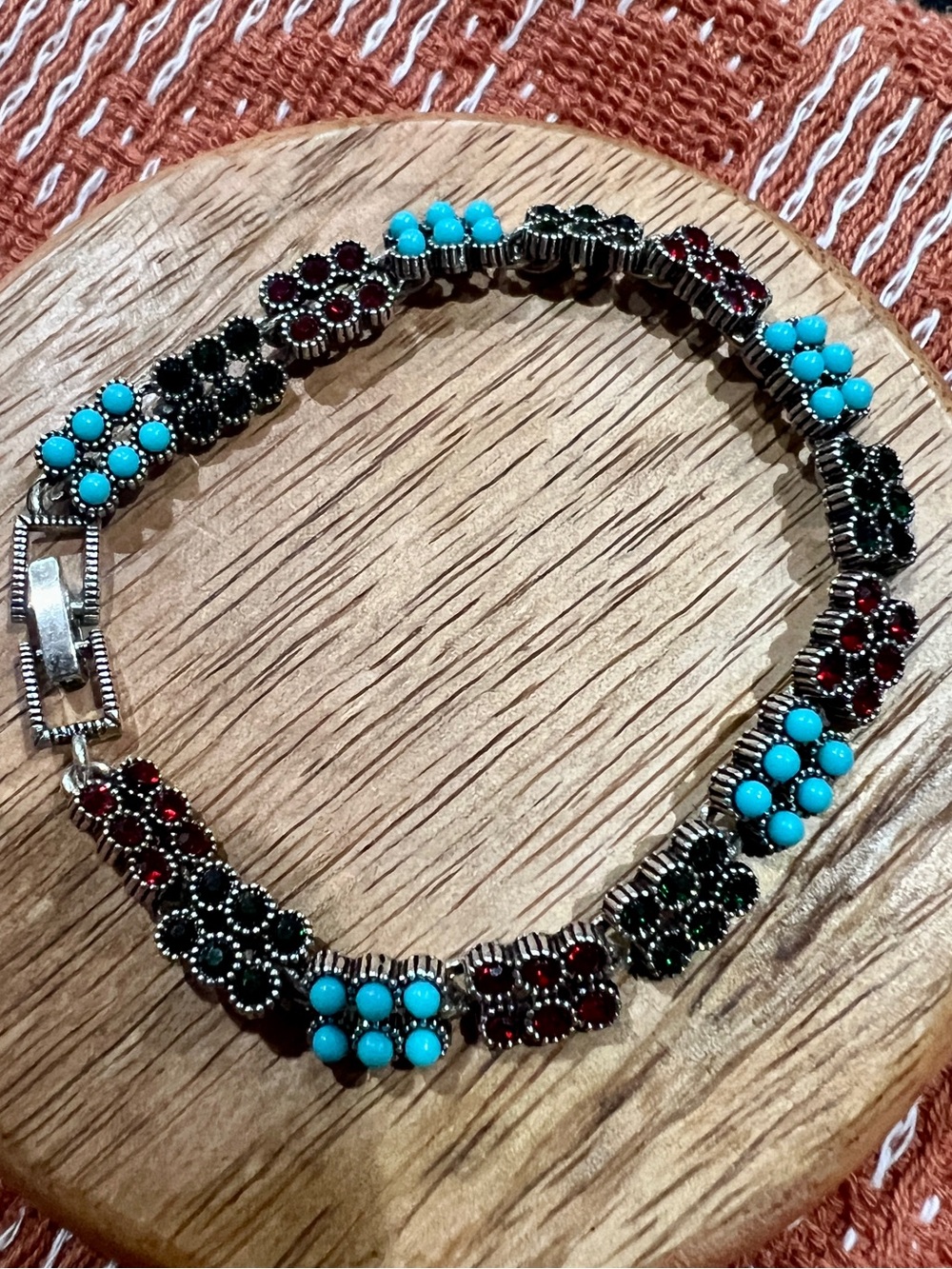 Silver tone Turquoise & Garnet simulated Flower Bracelet - Size 7